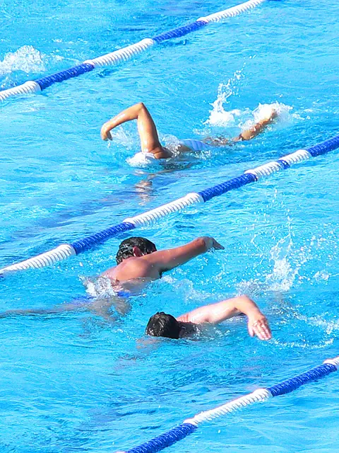Drei Schwimmer kraulen nebeneinander auf ihren Bahnen